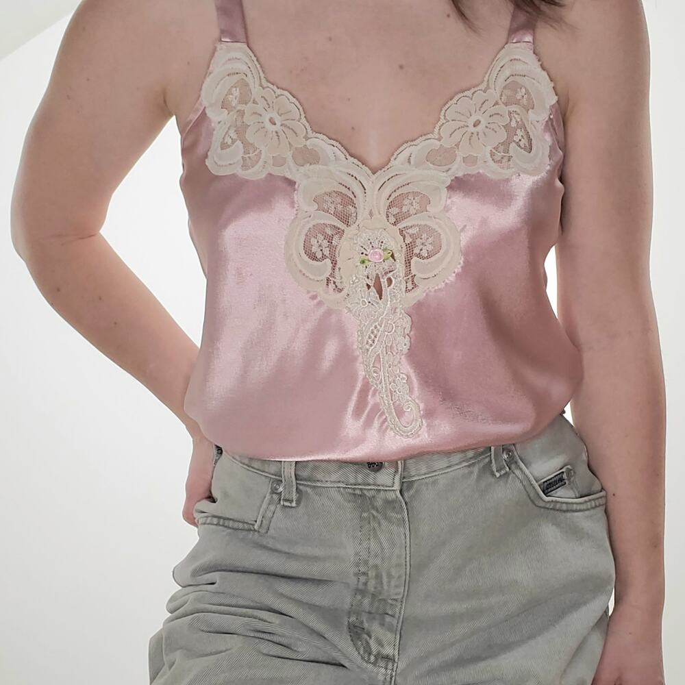 Vintage Rosette Satin Lace Slip Lingerie Dress Pink Cream Small - Picture 5 of 9